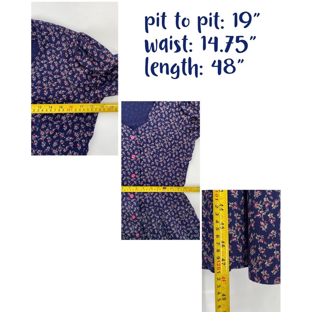 Vintage Navy Blue Pink Floral Midi Dress S Cottage Prairie Button Puff Sleeve - Picture 8 of 15